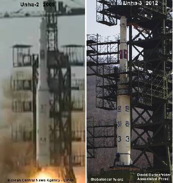 A comparison of the Unha-2 launched in 2009 and the Unha-3. They look almost identical.